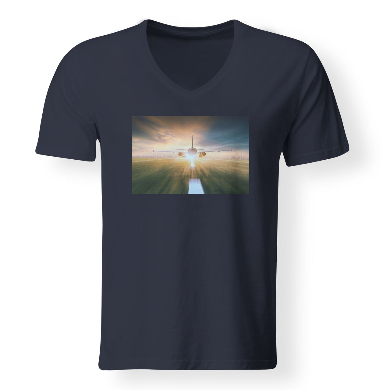 Airplane Flying Over Runway Designed V-Neck T-Shirts