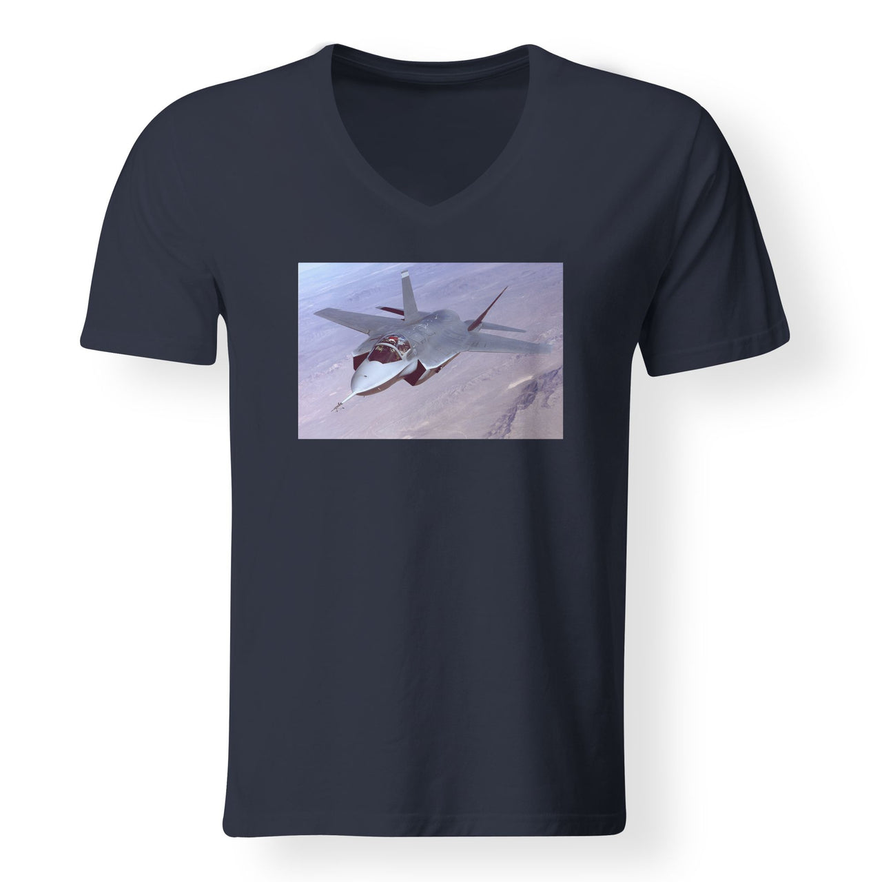 Fighter Jet 35 Captured in the Air Designed V-Neck T-Shirts