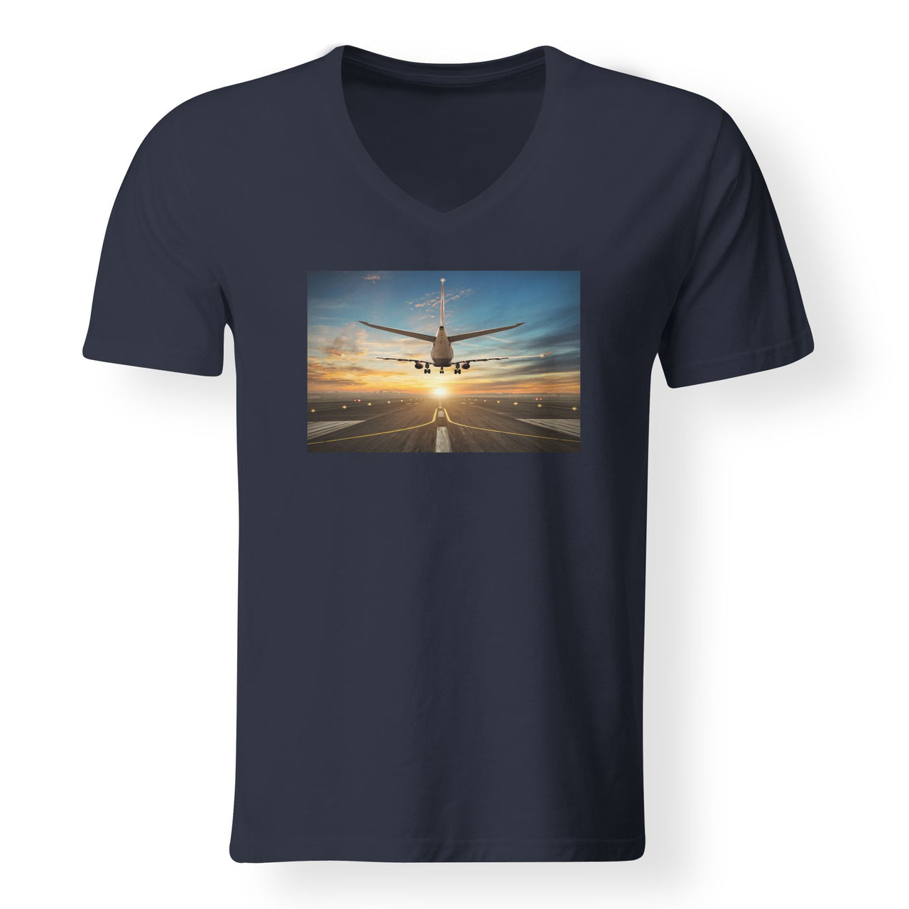 Airplane over Runway Towards the Sunrise Designed V-Neck T-Shirts