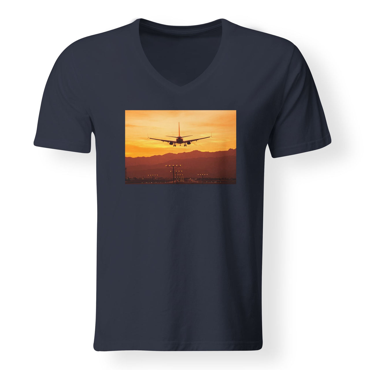Landing Aircraft During Sunset Designed V-Neck T-Shirts