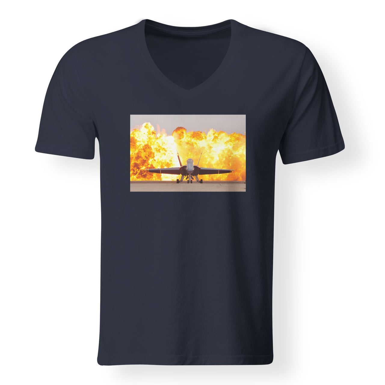 Face to Face with Air Force Jet & Flames Designed V-Neck T-Shirts