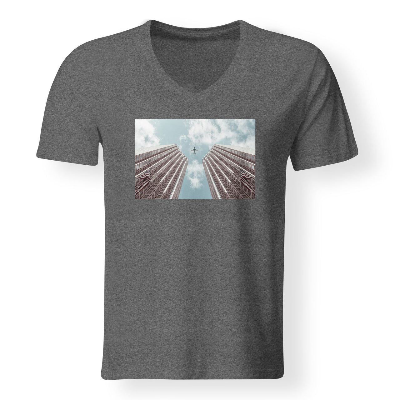 Airplane Flying over Big Buildings Designed V-Neck T-Shirts