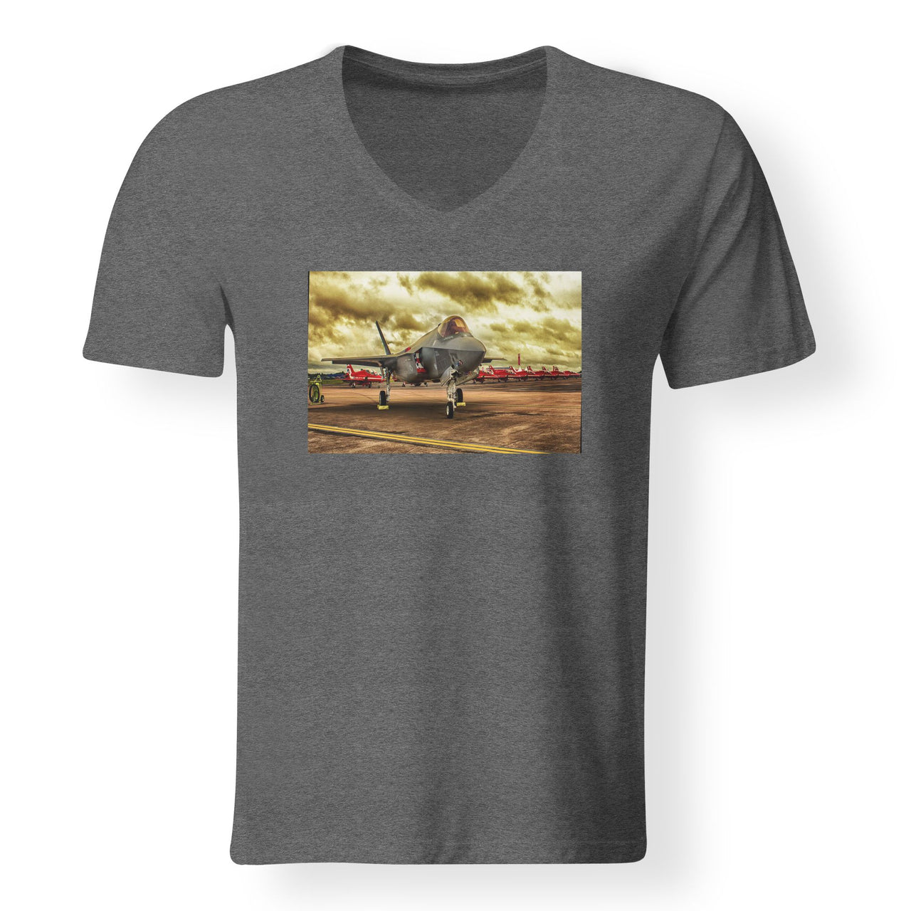 Fighting Falcon F35 at Airbase Designed V-Neck T-Shirts