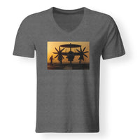 Thumbnail for Military Plane at Sunset Designed V-Neck T-Shirts