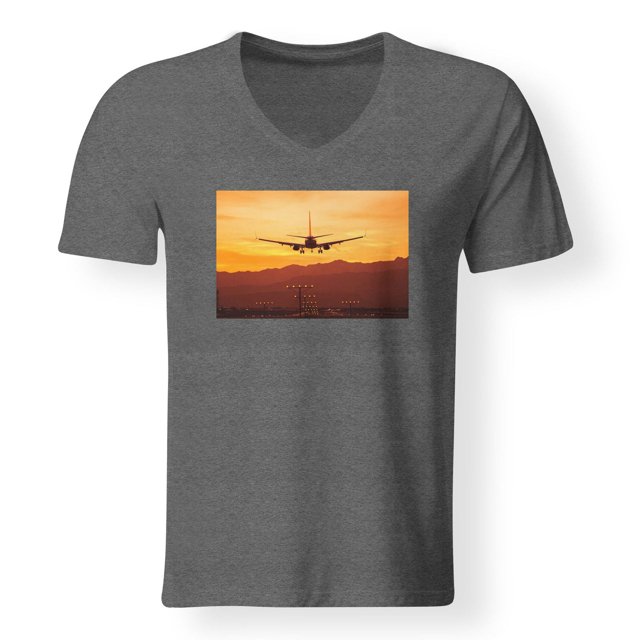 Landing Aircraft During Sunset Designed V-Neck T-Shirts