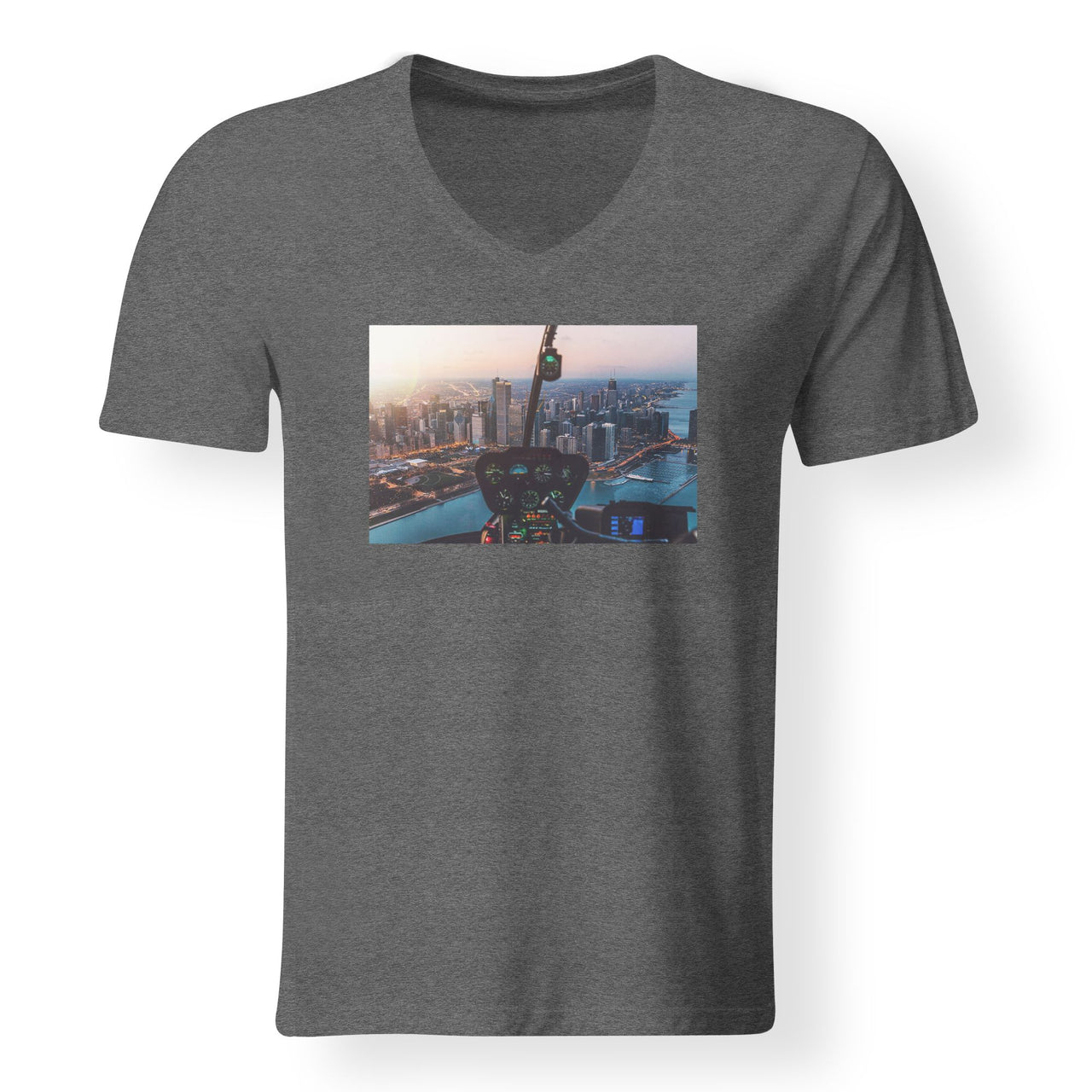 Amazing City View from Helicopter Cockpit Designed V-Neck T-Shirts