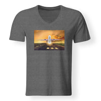 Thumbnail for Amazing Departing Aircraft Sunset & Clouds Behind Designed V-Neck T-Shirts