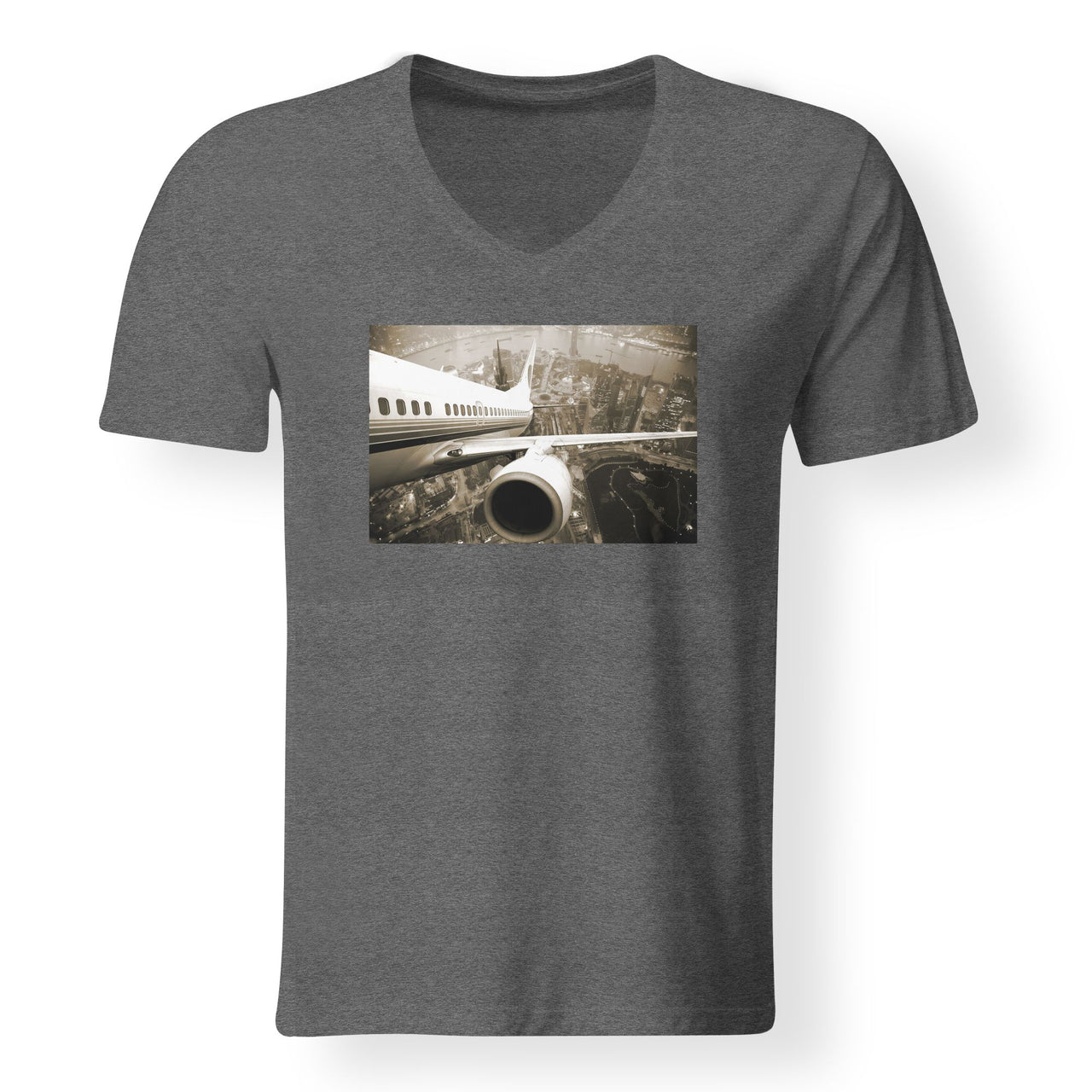 Departing Aircraft & City Scene behind Designed V-Neck T-Shirts