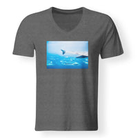 Thumbnail for Outstanding View Through Airplane Wing Designed V-Neck T-Shirts