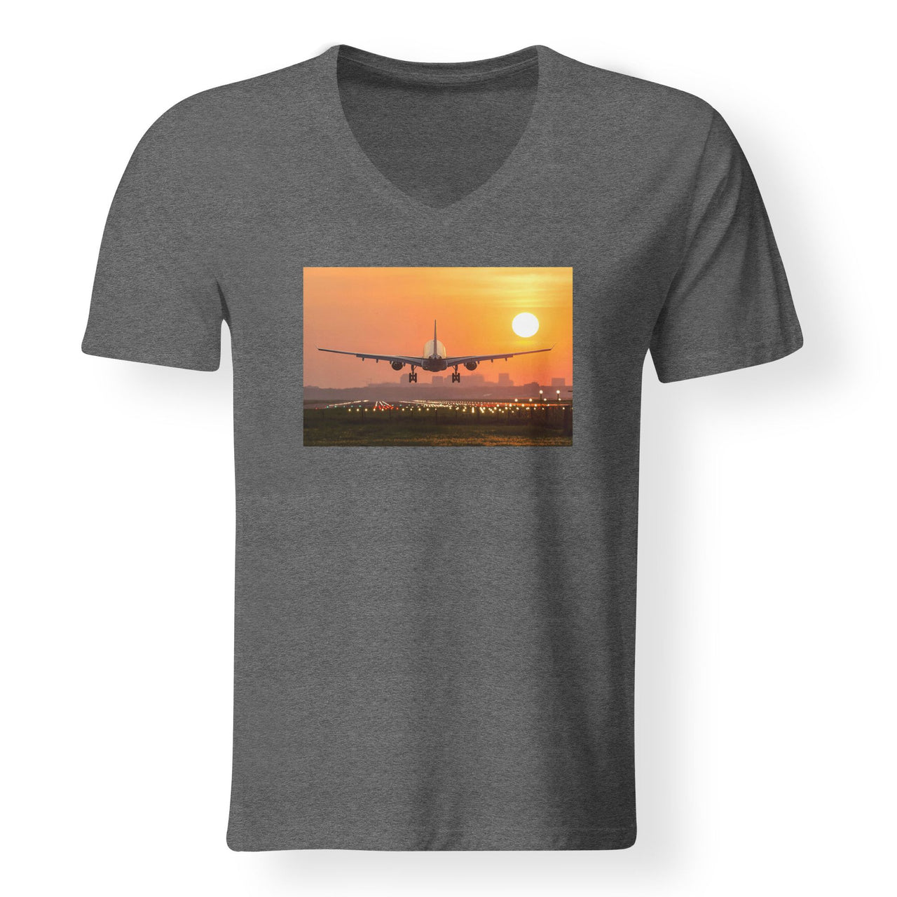 Amazing Airbus A330 Landing at Sunset Designed V-Neck T-Shirts