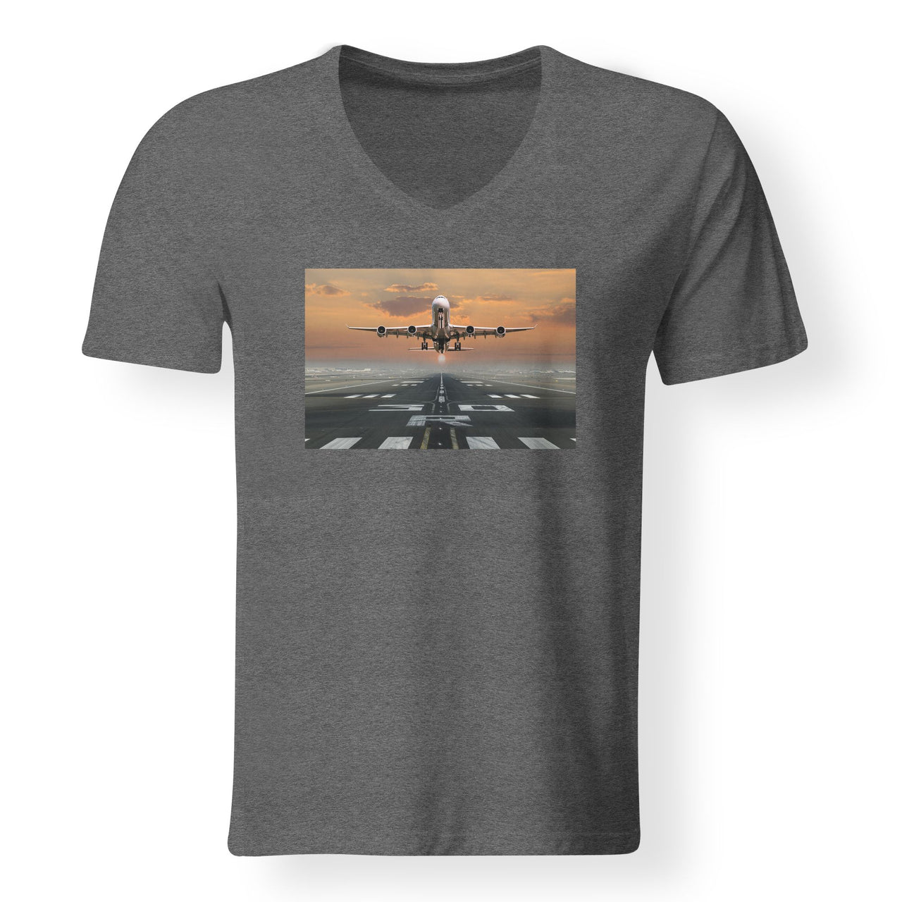 Aircraft Departing from RW30 Designed V-Neck T-Shirts