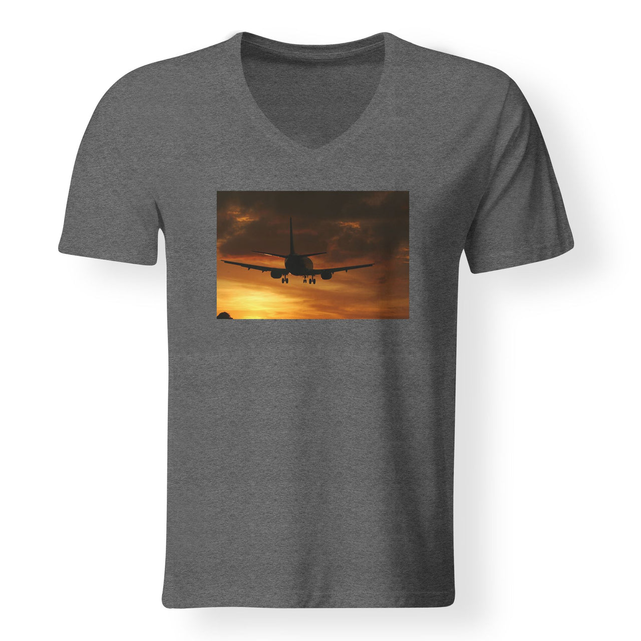 Beautiful Aircraft Landing at Sunset Designed V-Neck T-Shirts