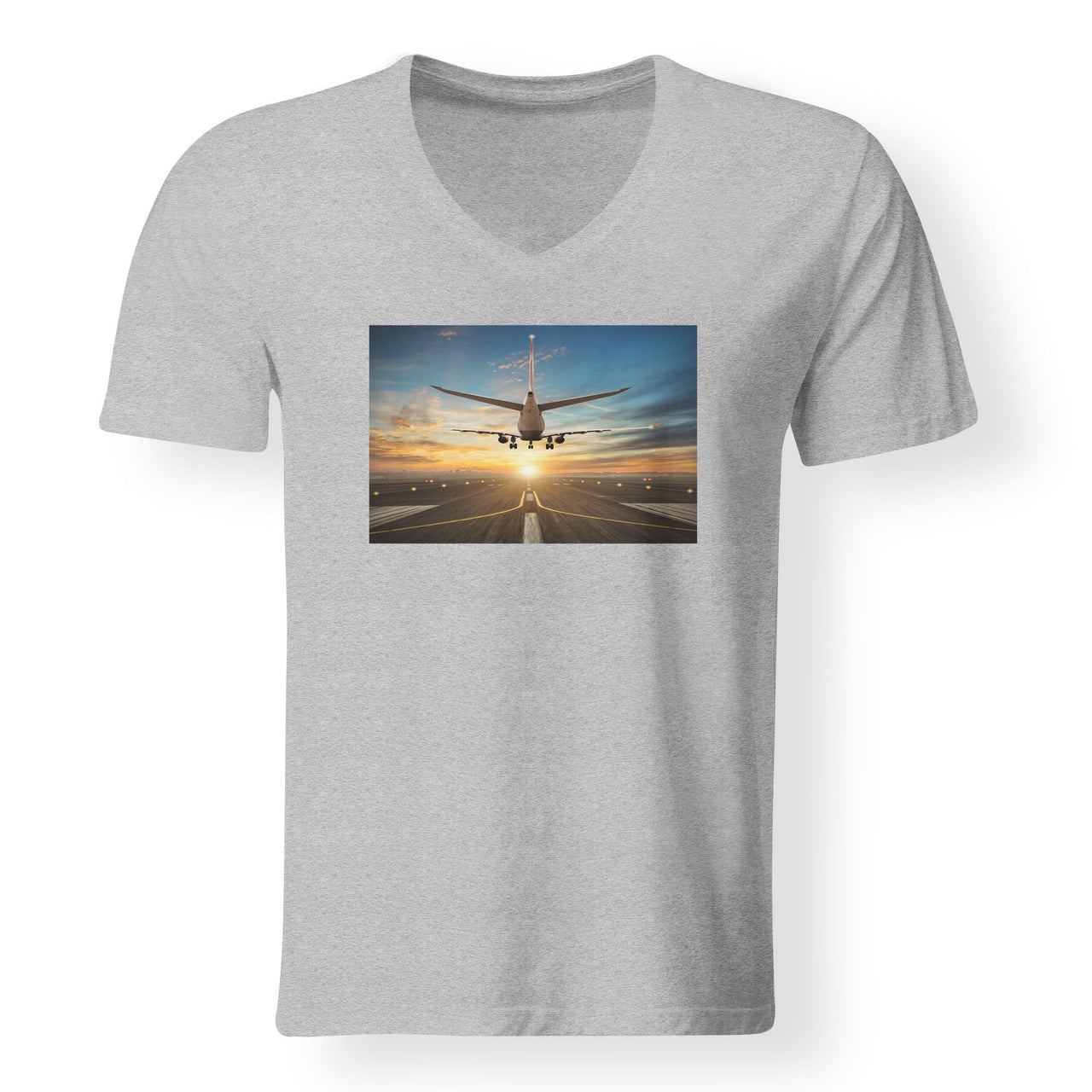 Airplane over Runway Towards the Sunrise Designed V-Neck T-Shirts