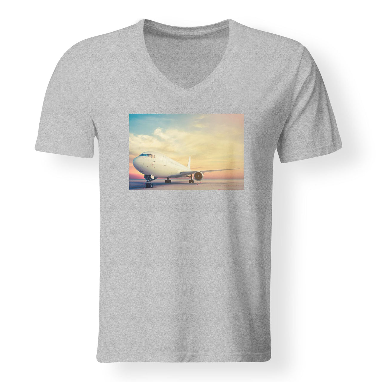 Parked Aircraft During Sunset Designed V-Neck T-Shirts