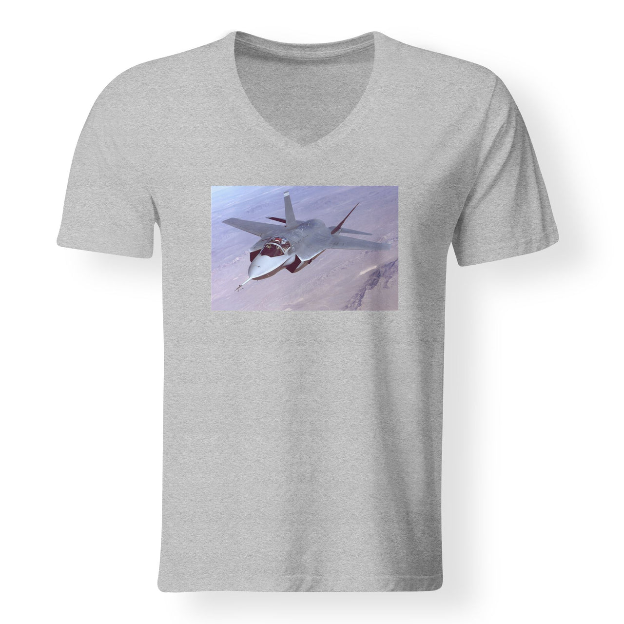 Fighter Jet 35 Captured in the Air Designed V-Neck T-Shirts