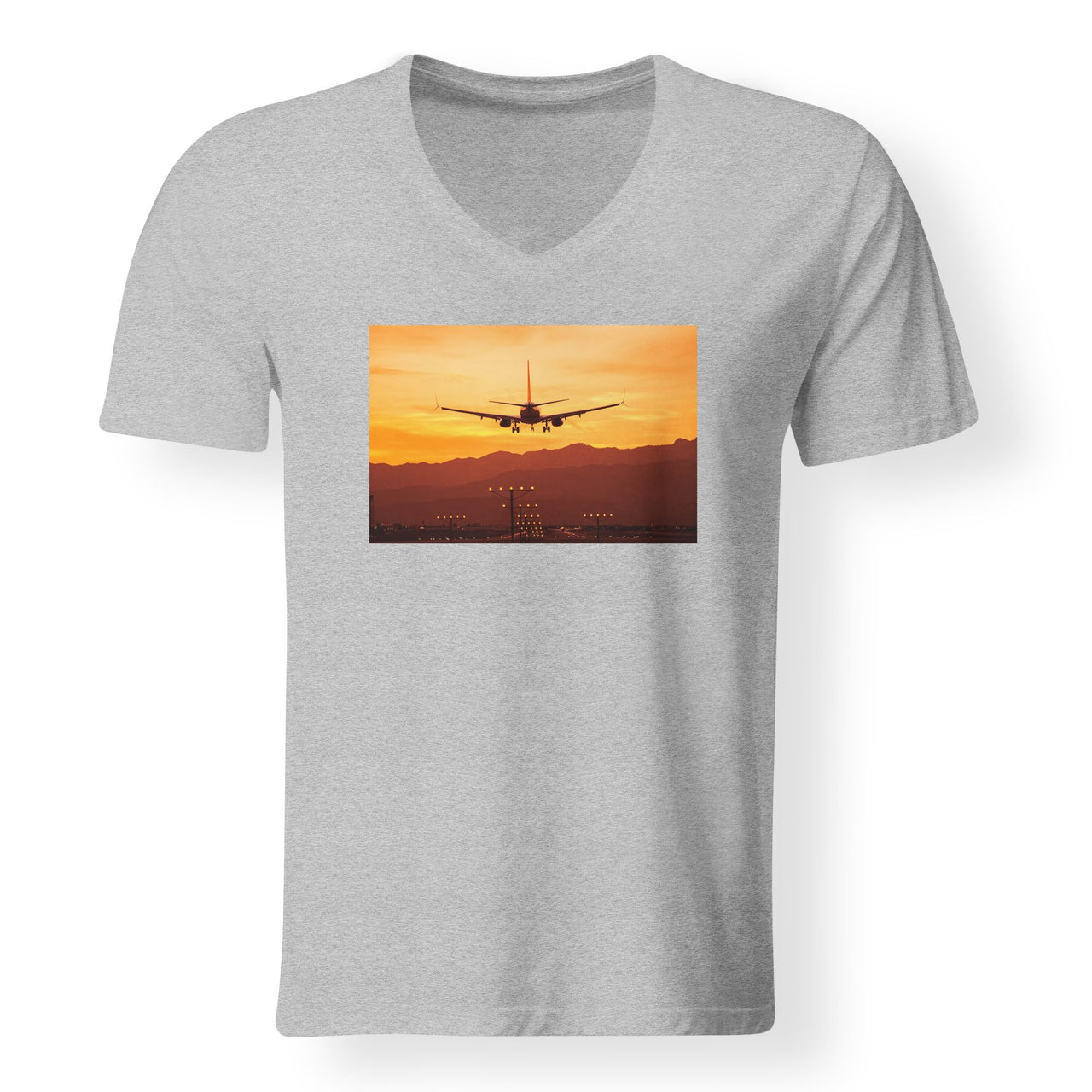 Landing Aircraft During Sunset Designed V-Neck T-Shirts