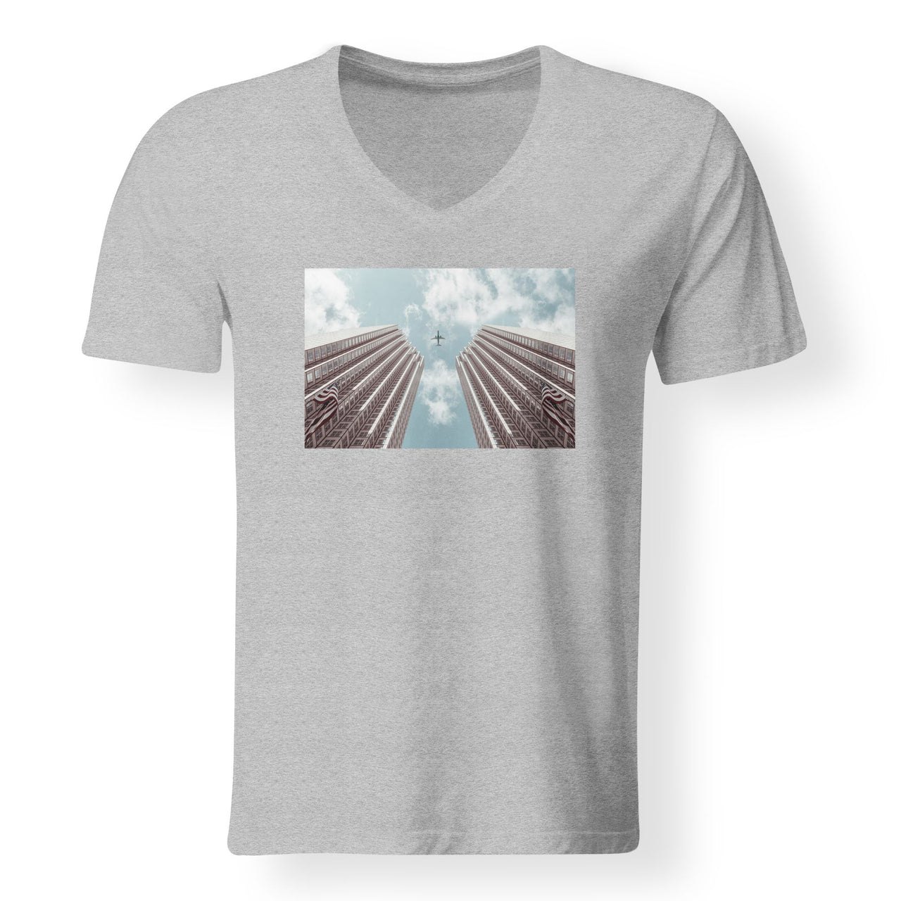Airplane Flying over Big Buildings Designed V-Neck T-Shirts