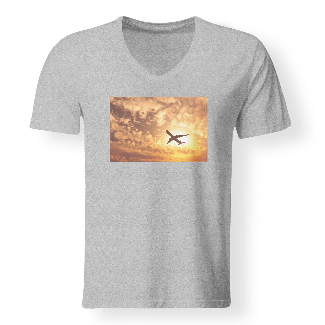 Plane Passing By Designed V-Neck T-Shirts