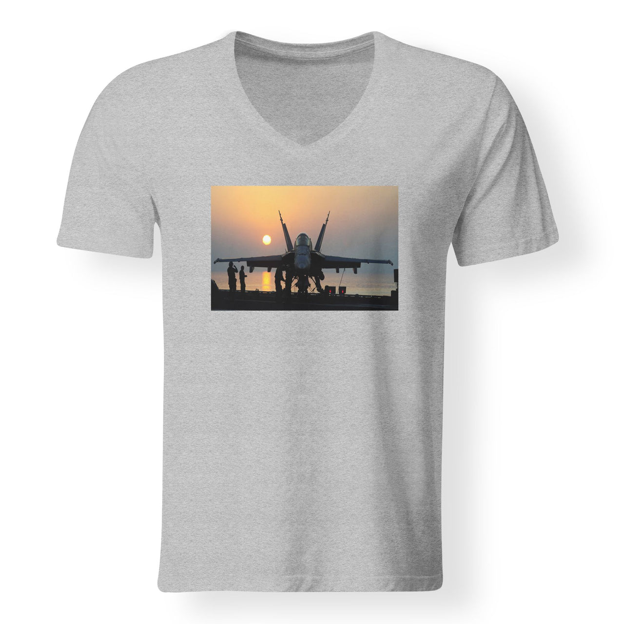 Military Jet During Sunset Designed V-Neck T-Shirts