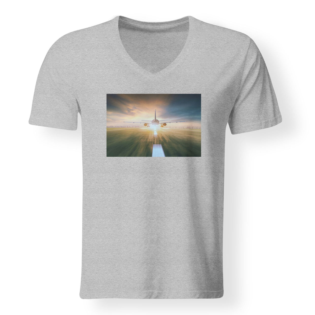 Airplane Flying Over Runway Designed V-Neck T-Shirts