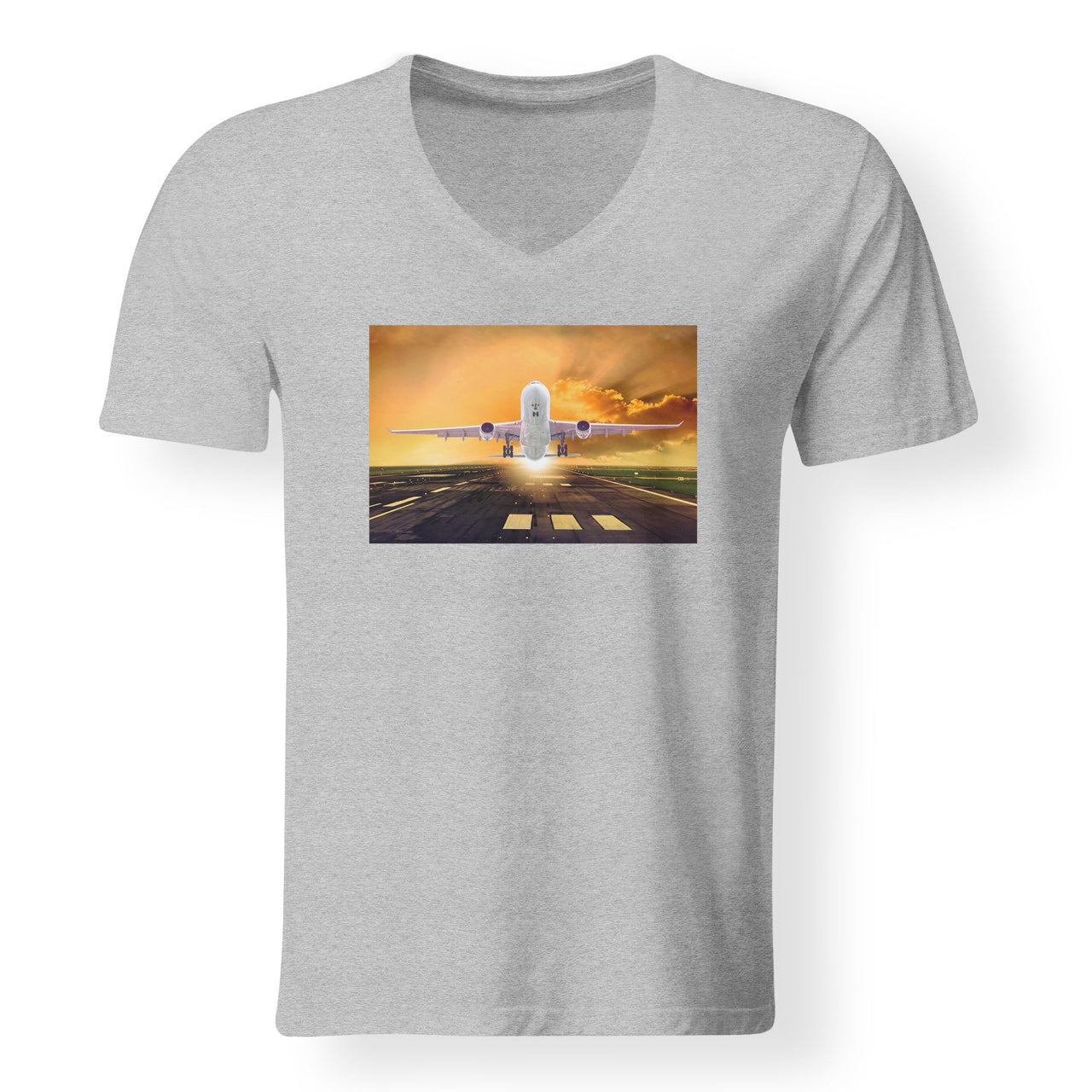 Amazing Departing Aircraft Sunset & Clouds Behind Designed V-Neck T-Shirts