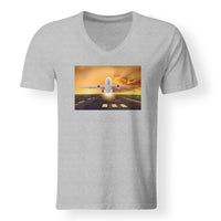 Thumbnail for Amazing Departing Aircraft Sunset & Clouds Behind Designed V-Neck T-Shirts
