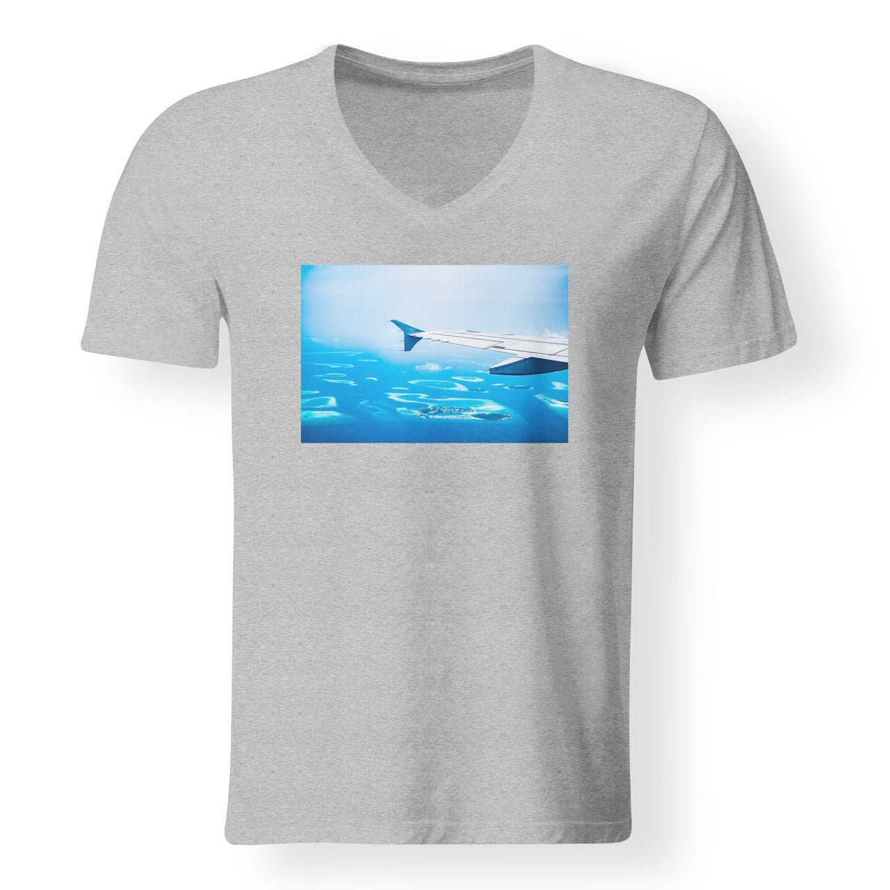 Outstanding View Through Airplane Wing Designed V-Neck T-Shirts