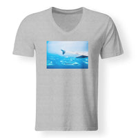 Thumbnail for Outstanding View Through Airplane Wing Designed V-Neck T-Shirts