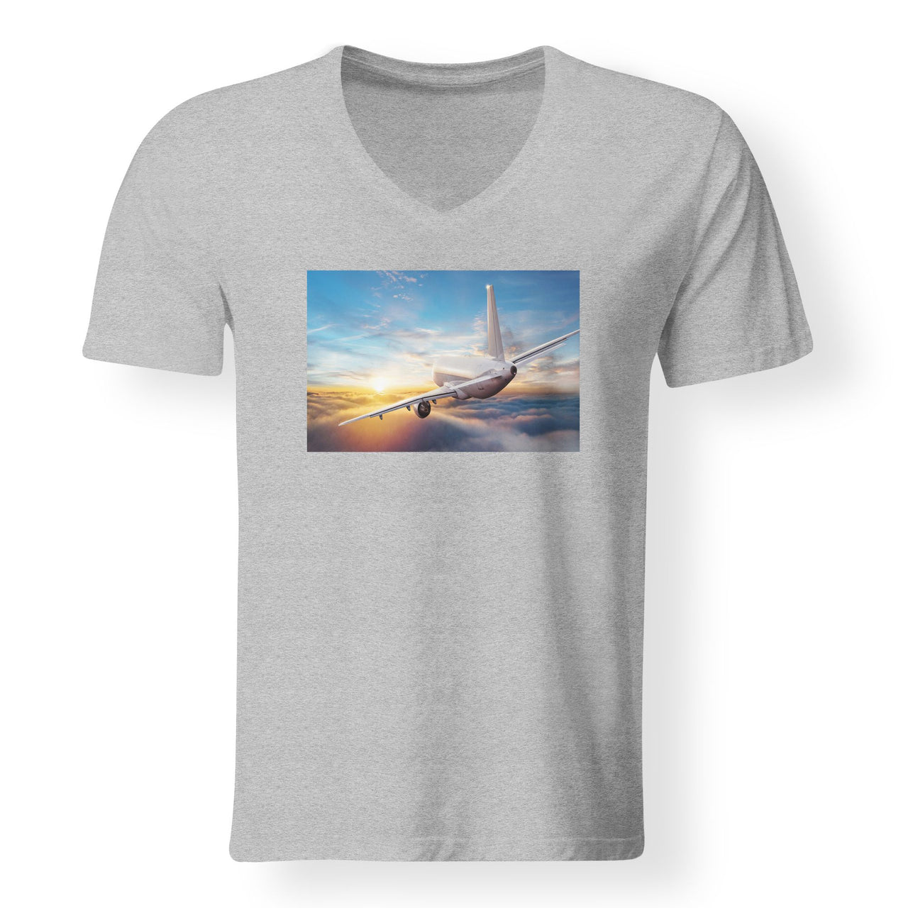 Airliner Jet Cruising over Clouds Designed V-Neck T-Shirts