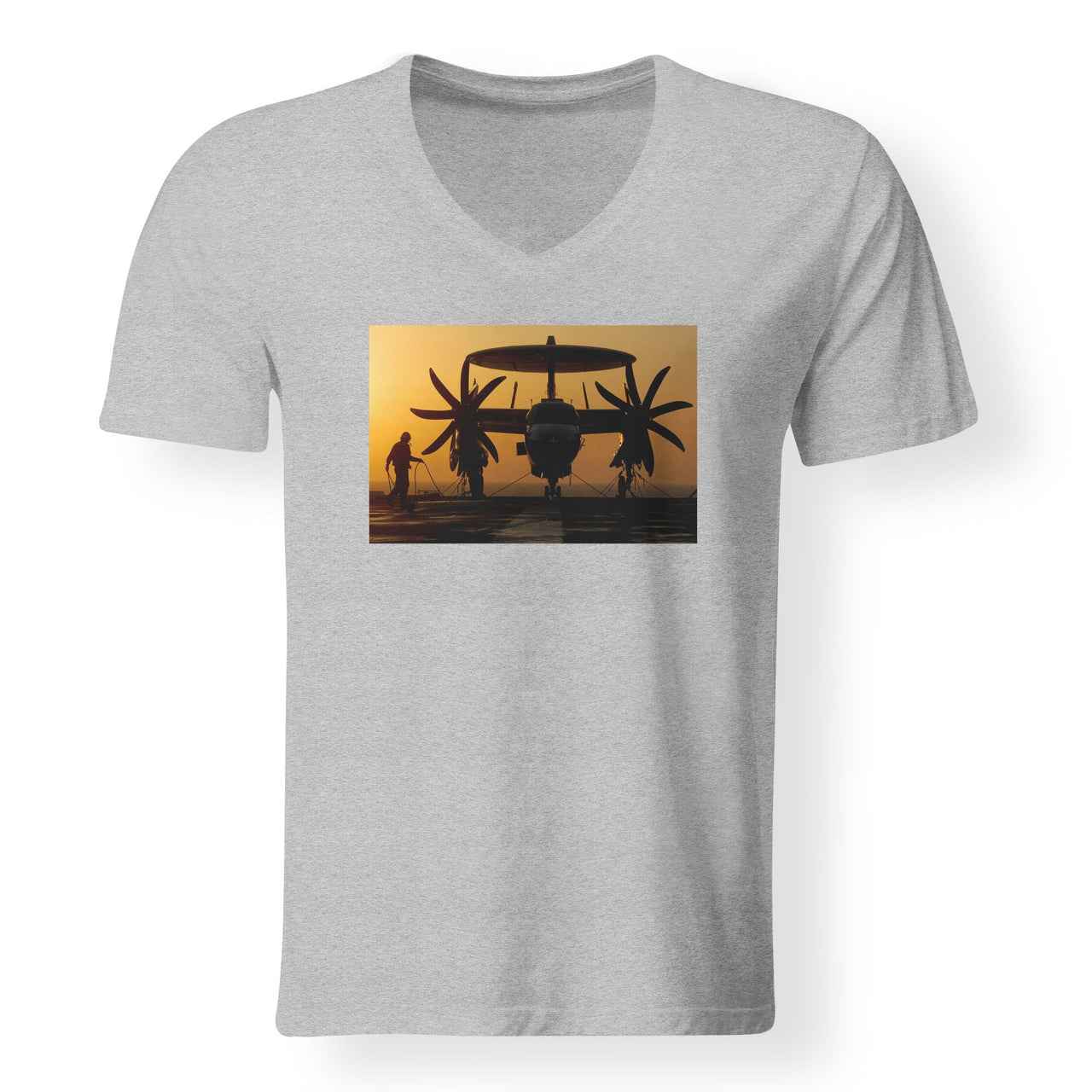Military Plane at Sunset Designed V-Neck T-Shirts