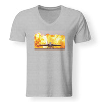 Thumbnail for Face to Face with Air Force Jet & Flames Designed V-Neck T-Shirts