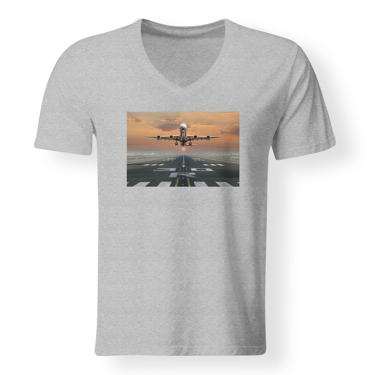 Aircraft Departing from RW30 Designed V-Neck T-Shirts