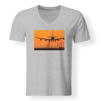 Thumbnail for Close up to Boeing 747 Landing at Sunset Designed V-Neck T-Shirts