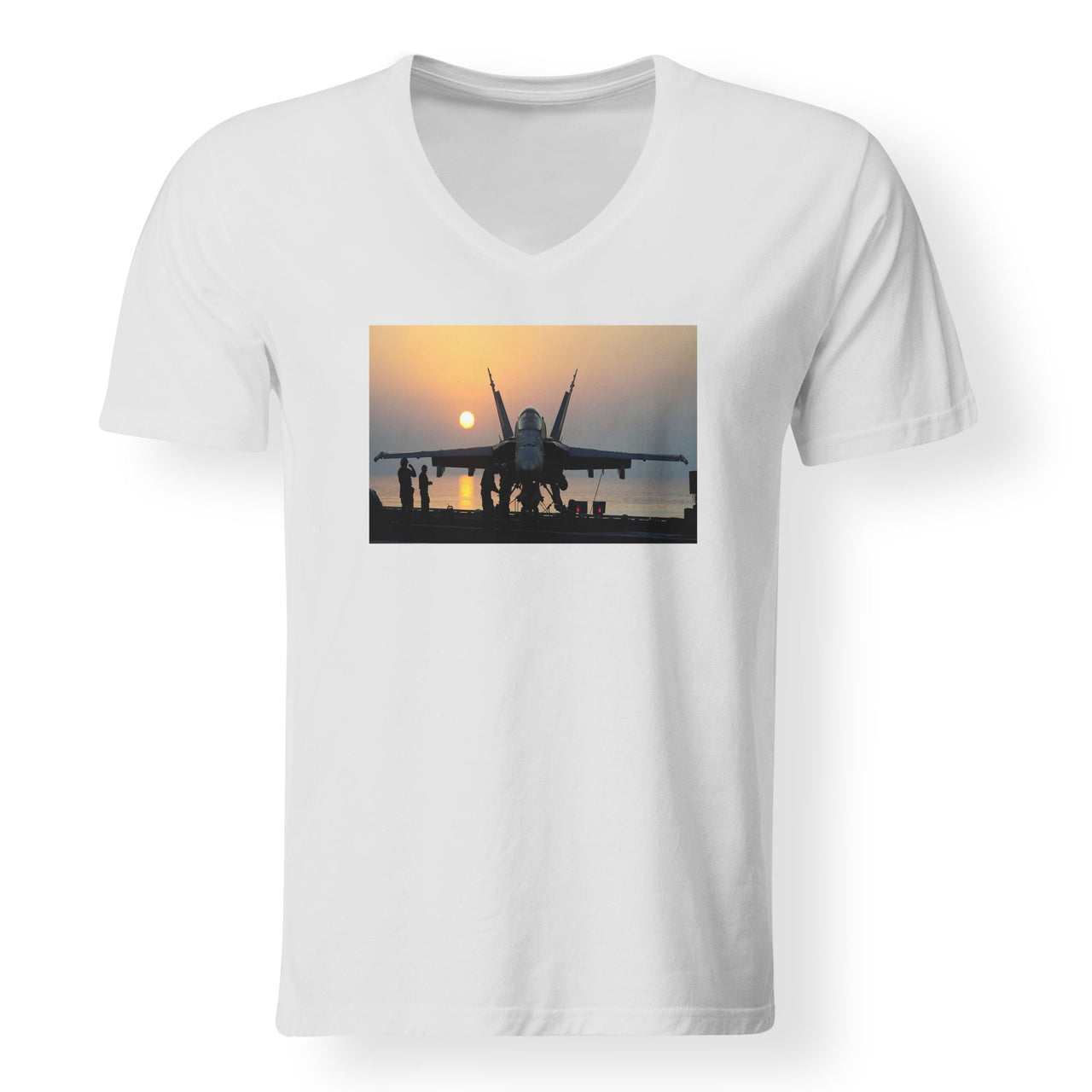 Military Jet During Sunset Designed V-Neck T-Shirts