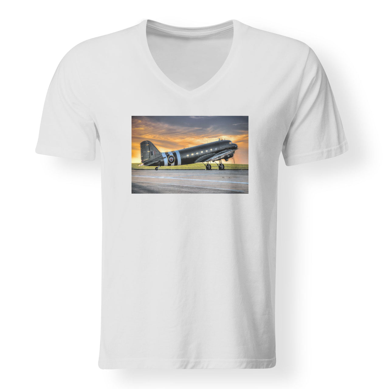 Old Airplane Parked During Sunset Designed V-Neck T-Shirts