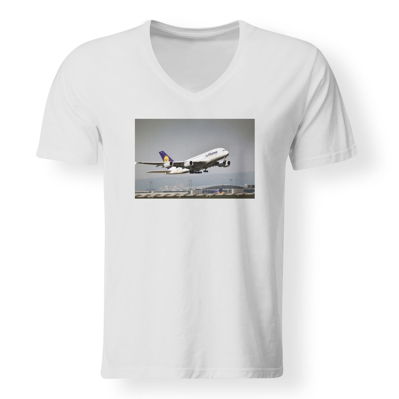 Departing Lufthansa A380 Designed V-Neck T-Shirts