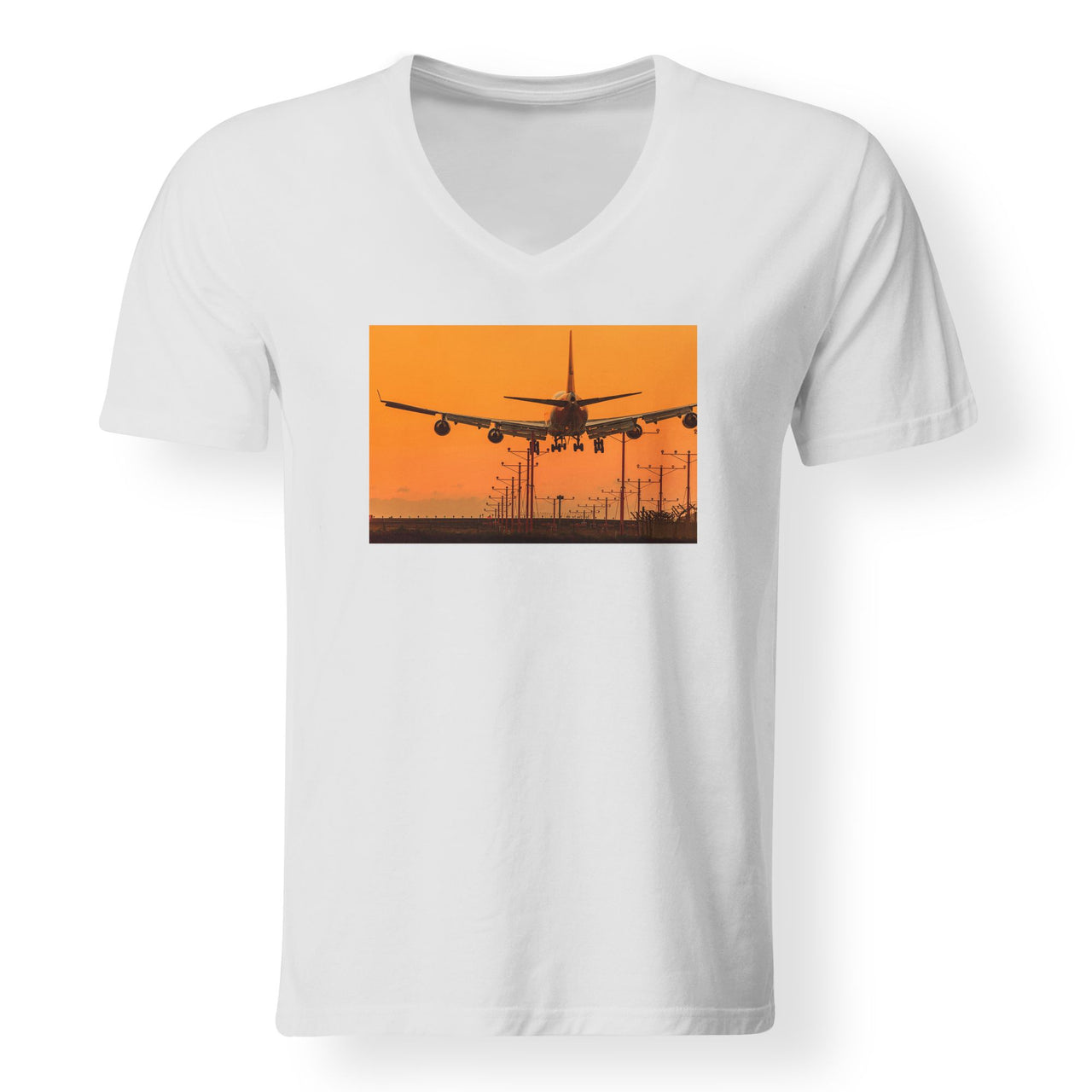 Close up to Boeing 747 Landing at Sunset Designed V-Neck T-Shirts