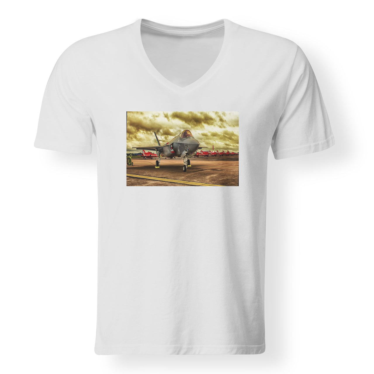 Fighter Jet 35 at Airbase Designed V-Neck T-Shirts