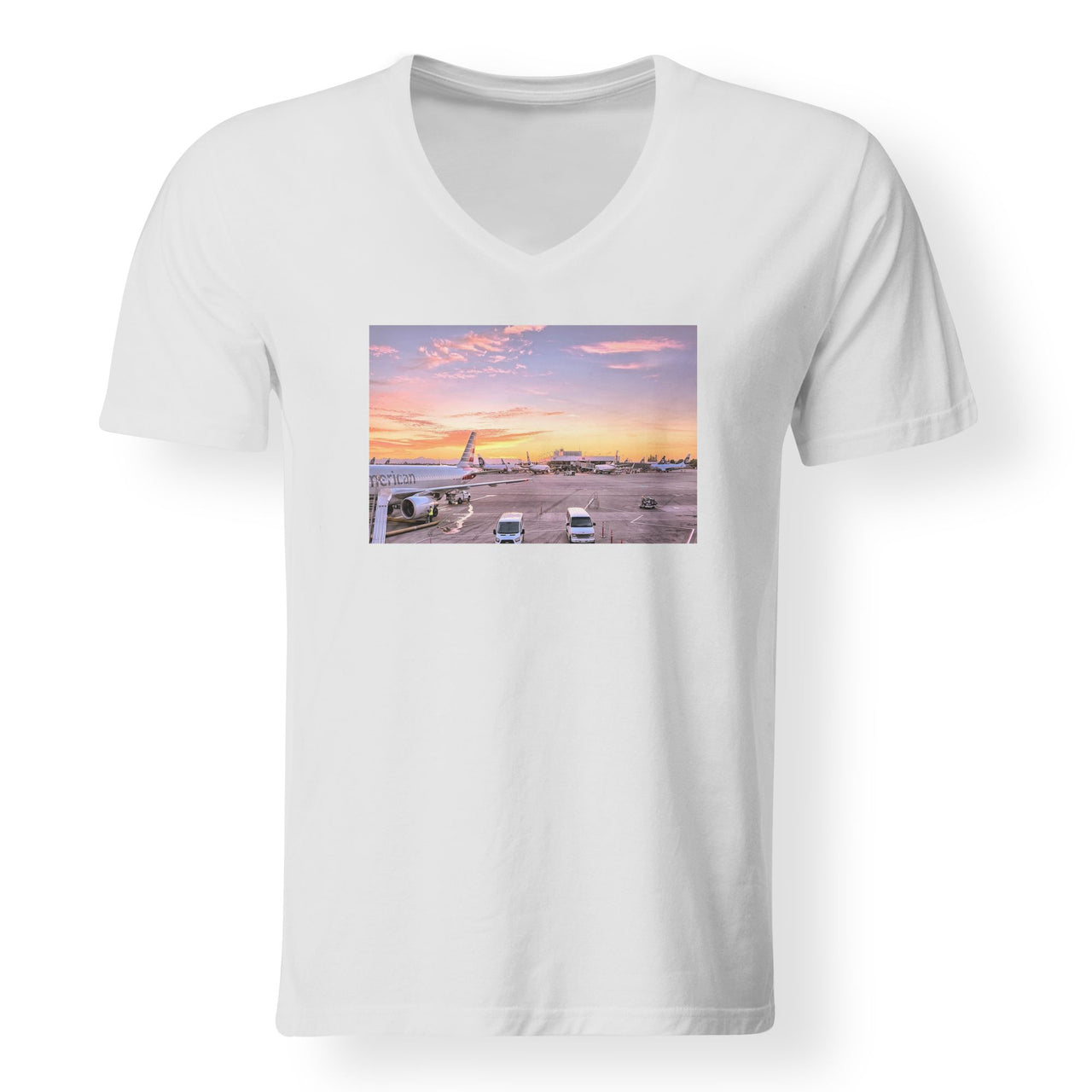 Airport Photo During Sunset Designed V-Neck T-Shirts