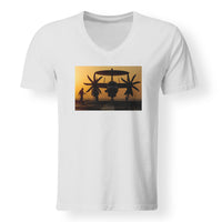 Thumbnail for Military Plane at Sunset Designed V-Neck T-Shirts