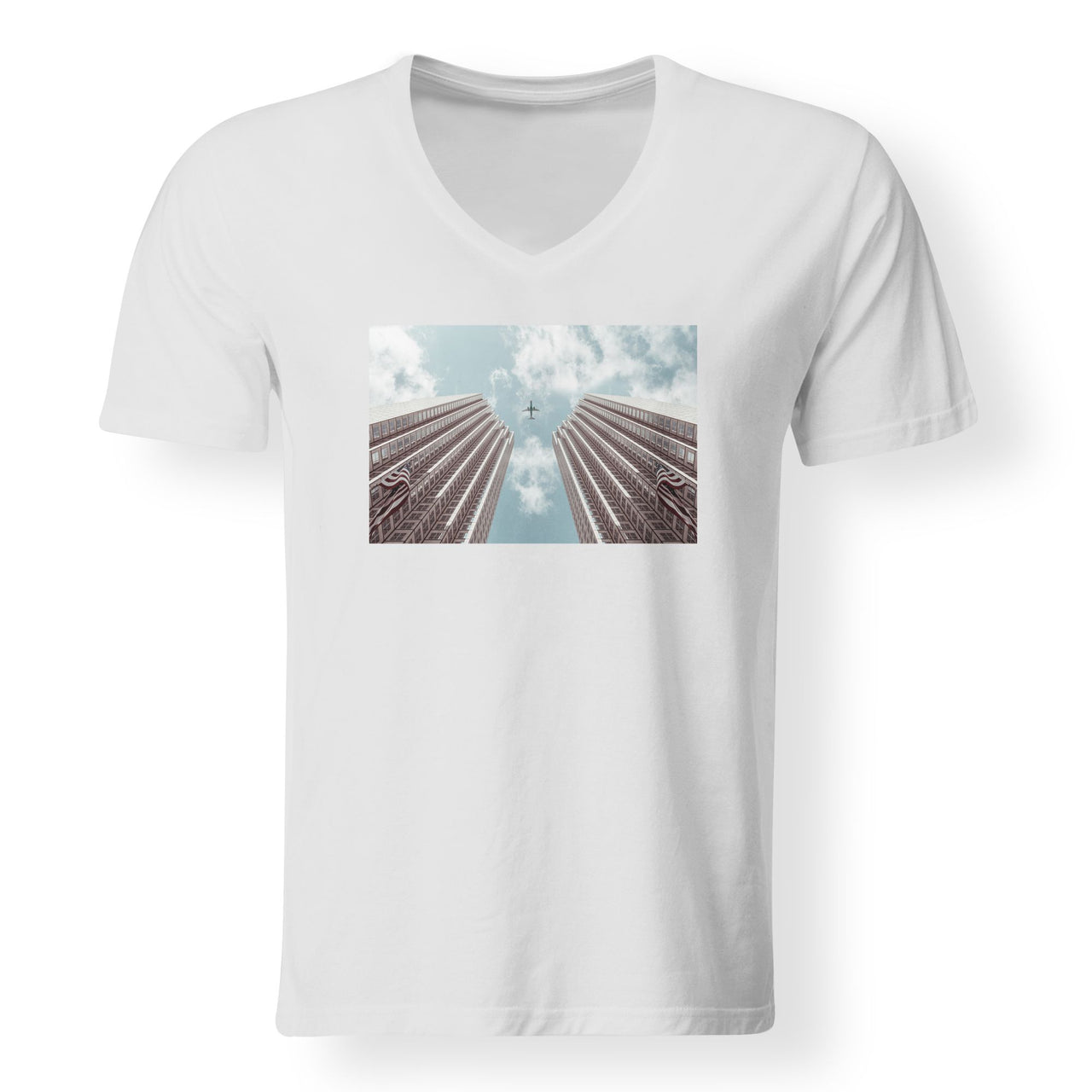Airplane Flying over Big Buildings Designed V-Neck T-Shirts