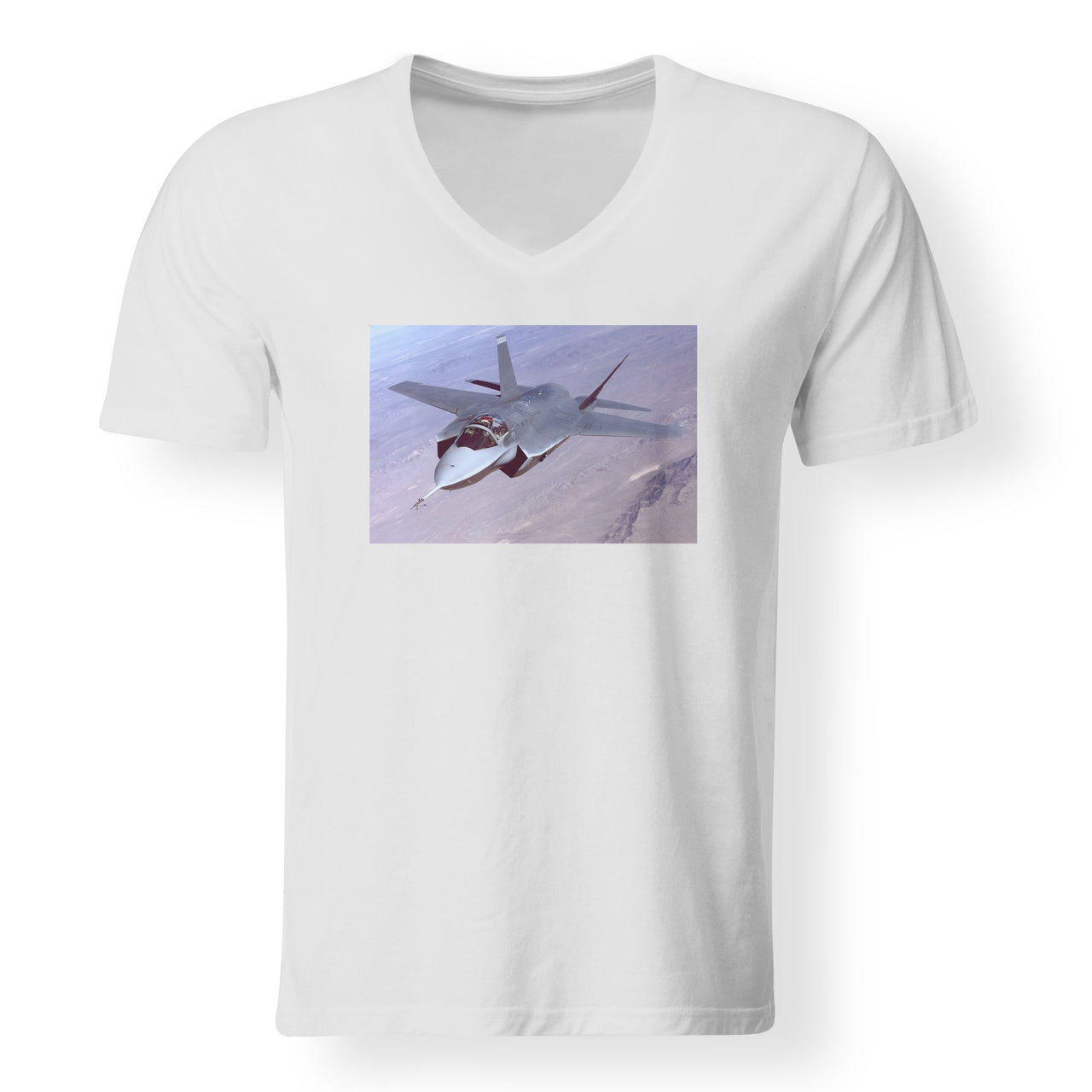 Fighter Jet 35 Captured in the Air Designed V-Neck T-Shirts
