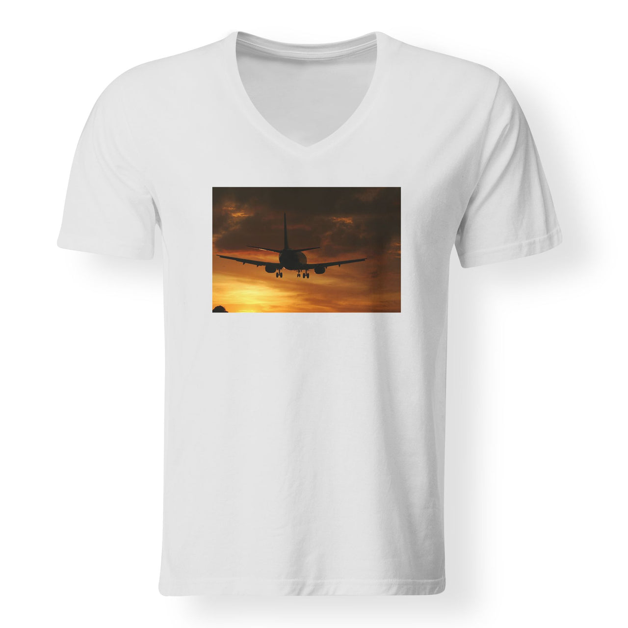 Beautiful Aircraft Landing at Sunset Designed V-Neck T-Shirts
