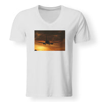 Thumbnail for Beautiful Aircraft Landing at Sunset Designed V-Neck T-Shirts