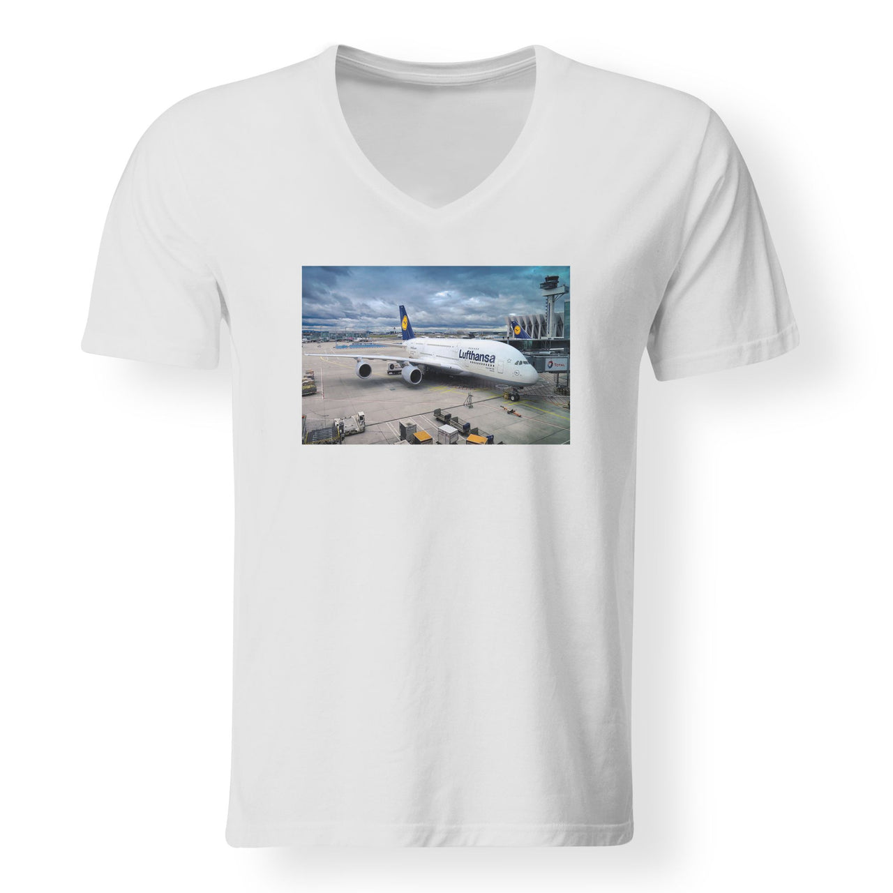 Lufthansa's A380 At The Gate Designed V-Neck T-Shirts
