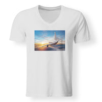 Thumbnail for Airliner Jet Cruising over Clouds Designed V-Neck T-Shirts