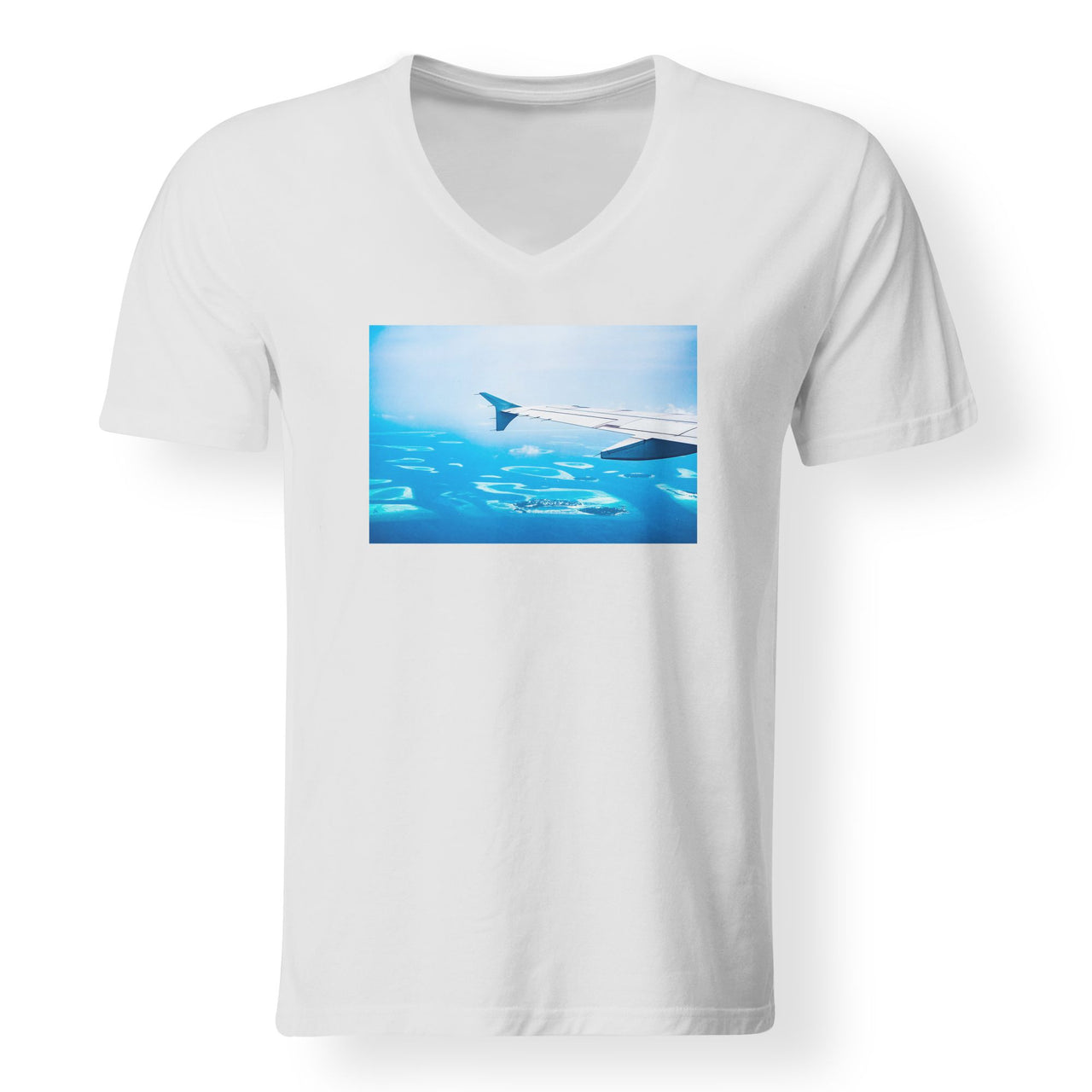 Outstanding View Through Airplane Wing Designed V-Neck T-Shirts