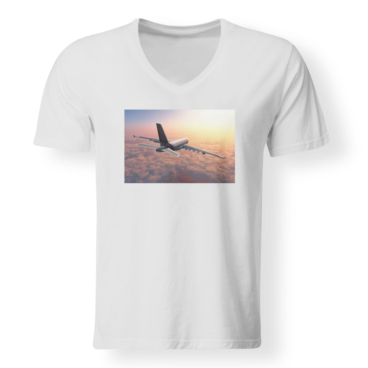 Super Cruising Airbus A380 over Clouds Designed V-Neck T-Shirts