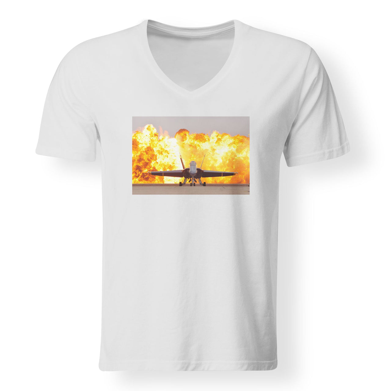 Face to Face with Air Force Jet & Flames Designed V-Neck T-Shirts