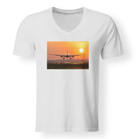 Thumbnail for Amazing Airbus A330 Landing at Sunset Designed V-Neck T-Shirts